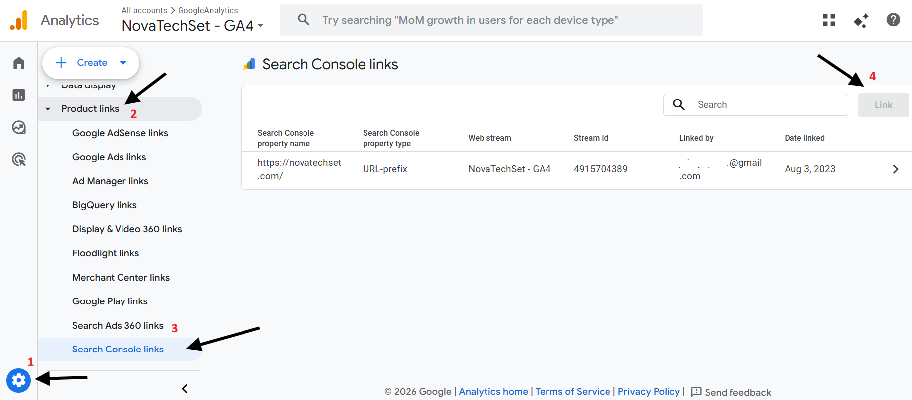 GA4 settings showing how to link Google Search Console to enable keyword data and organic search reports